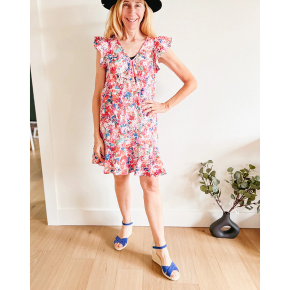 J. Crew Womans Sz 4 Mercantile Floral Dress Ruffle V Neck Pink Zip Stretch - Picture 1 of 10